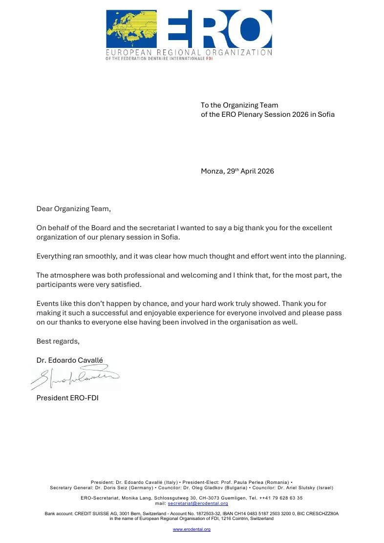 Thank-you letter from the President of ERO-FDI