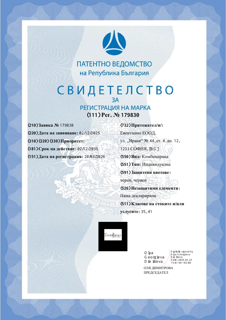 First page of the Eventiamo trademark registration certificate